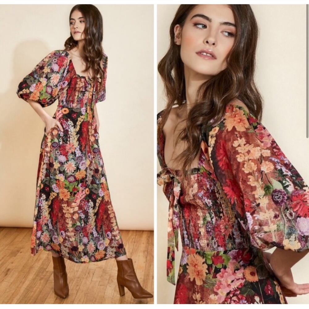 Hutch Floral Maxi Dress in Black with Red, Pink, Orange, Green Accents